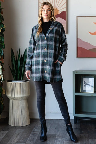 Shop Heimish Plaid Button Down Long Sleeve Hooded Cardigan - High-Quality U.S. Made Women’s Fashion with Free & Fast Shipping