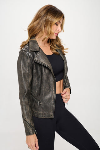 Shop Coalition LA Studded Classic Moto Faux Leather Jacket - High-Quality U.S. Made Women’s Fashion with Free & Fast Shipping