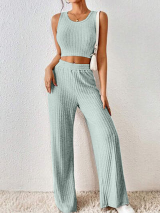 Shop Ribbed Round Neck Tank and Pants Sweater Set - High-Quality U.S. Made Women’s Fashion with Free Fast Shipping