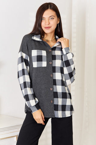 Shop Plaid Heimish Solid Plaid Contrast Shacket - High-Quality U.S. Made Women’s Fashion with Free & Fast Shipping