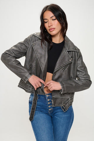 Shop Coalition LA Zip Up Biker Jacket with Belt - High-Quality U.S. Made Women’s Fashion with Free & Fast Shipping