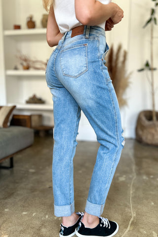 Shop Judy Blue Full Size Distressed Straight Jeans with Patch Pockets - High-Quality U.S. Made Women’s Fashion with Free & Fast Shipping