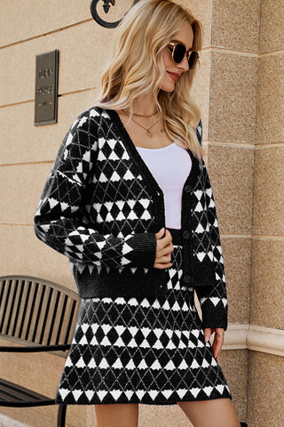 Shop Geometric Dropped Shoulder Cardigan and Knit Skirt Set - High-Quality U.S. Made Women’s Fashion with Free Fast Shipping