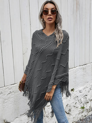 Shop Texture Fringe Hem Poncho - High-Quality U.S. Made Women’s Fashion with Free Fast Shipping