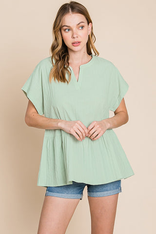 Shop Cotton Bleu by Nu Lab Ruched Notched Short Sleeve Blouse - High-Quality U.S. Made Women’s Fashion with Free & Fast Shipping