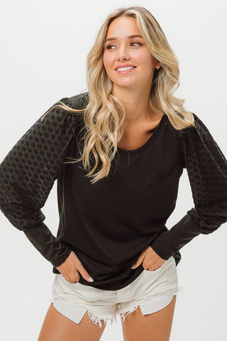 Shop Black BiBi Round Neck Polka Dot Lantern Sleeve Top - High-Quality U.S. Made Women’s Fashion with Free & Fast Shipping