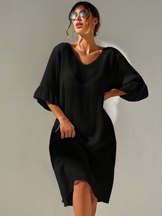 Shop Black Slit V-Neck Flounce Sleeve Cover-Up - High-Quality U.S. Made Women’s Fashion with Free & Fast Shipping