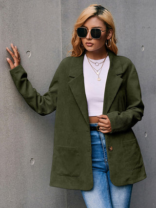 Shop Green Corduroy Long Sleeve Longline Blazer with Pockets - High-Quality U.S. Made Women’s Fashion with Free & Fast Shipping