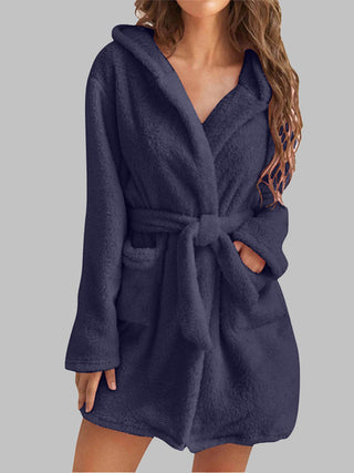 Shop Navy Tie Waist Hooded Robe - High-Quality U.S. Made Women’s Fashion with Free & Fast Shipping