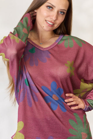 Shop Hopely Full Size Floral V-Neck Long Sleeve Top - High-Quality U.S. Made Women’s Fashion with Free & Fast Shipping