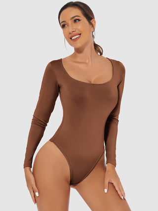 Shop Brown Full Size Scoop Neck Long Sleeve Bodysuit - High-Quality U.S. Made Women’s Fashion with Free & Fast Shipping