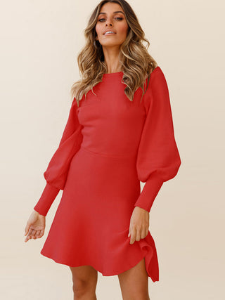 Shop Deep Red Round Neck Lantern Sleeve Sweater Dress - High-Quality U.S. Made Women’s Fashion with Free & Fast Shipping