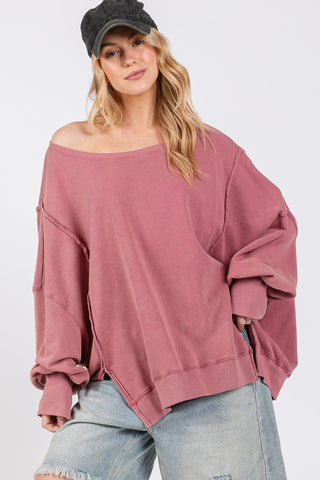 Shop Mulberry SAGE + FIG Mineral Wash Side Slit Oversized Sweatshirt - High-Quality U.S. Made Women’s Fashion with Free & Fast Shipping