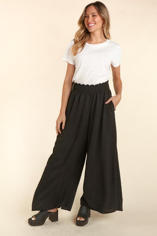 Shop Black Haptics Elastic Waist Wide Leg Pants with Pockets - High-Quality U.S. Made Women’s Fashion with Free & Fast Shipping