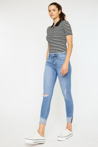 Shop Kancan Distressed Cat's Whiskers Button Fly Jeans - High-Quality U.S. Made Women’s Fashion with Free & Fast Shipping