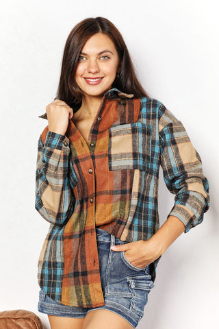 Shop Double Take Plaid Curved Hem Shirt Jacket with Breast Pockets - High-Quality U.S. Made Women’s Fashion with Free & Fast Shipping