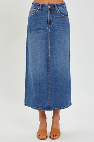 Shop RISEN High Rise Back Slit Denim Skirt - High-Quality U.S. Made Women’s Fashion with Free & Fast Shipping