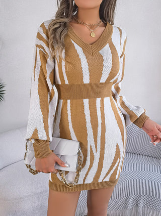 Shop Animal Print V-Neck Long Sleeve Sweater Dress - High-Quality U.S. Made Women’s Fashion with Free & Fast Shipping