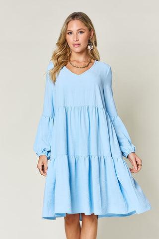 Shop Light Blue Double Take Full Size V-Neck Balloon Sleeve Tiered Dress with Pockets - High-Quality U.S. Made Women’s Fashion with Free & Fast Shipping