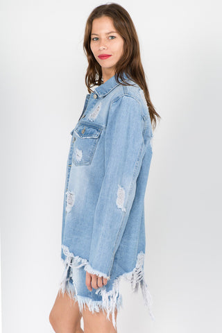 Shop American Bazi Distressed Frayed Hem Denim Jacket - High-Quality U.S. Made Women’s Fashion with Free & Fast Shipping