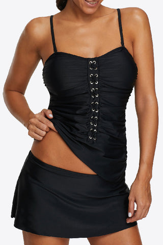 Shop Black Lace-Up Ruched Two-Piece Swimsuit - High-Quality U.S. Made Women’s Fashion with Free & Fast Shipping