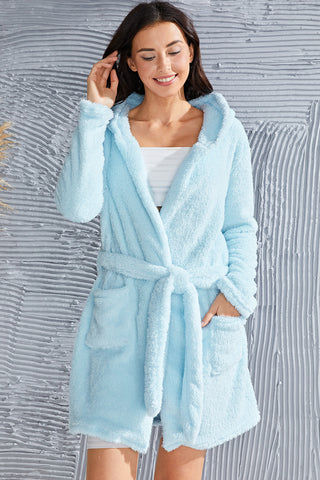 Shop Fuzzy Tied Pocketed Hooded Lounge Nightgown - High-Quality U.S. Made Women’s Fashion with Free Fast Shipping