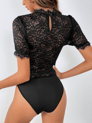 Shop Lace Mock Neck Short Sleeve Bodysuit - High-Quality U.S. Made Women’s Fashion with Free & Fast Shipping