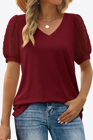 Shop Wine Swiss Dot Puff Sleeve V-Neck Tee - High-Quality U.S. Made Women’s Fashion with Free & Fast Shipping