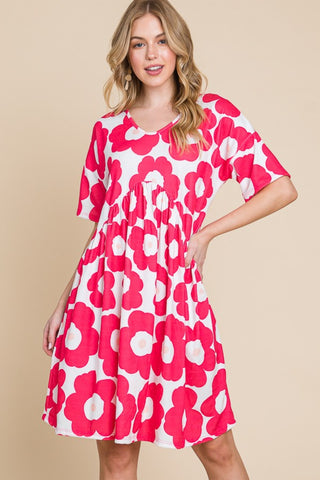 Shop Fuchsia BOMBOM Flower Print Ruched Dress - High-Quality U.S. Made Women’s Fashion with Free & Fast Shipping