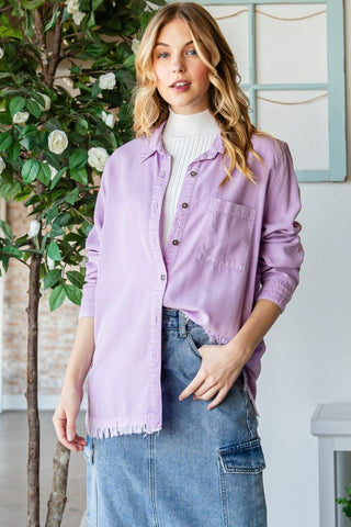 Shop LAVENDER Veveret Raw Hem Button Up Long Sleeve Shirt - High-Quality U.S. Made Women’s Fashion with Free & Fast Shipping