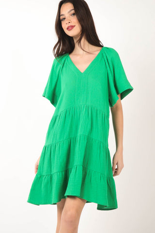 Shop Green VERY J Texture V-Neck Ruffled Tiered Dress - High-Quality U.S. Made Women’s Fashion with Free & Fast Shipping