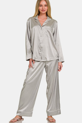 Shop Silver Zenana Satin Long Sleeve Shirt and Pants Pajama Set - High-Quality U.S. Made Women’s Fashion with Free & Fast Shipping