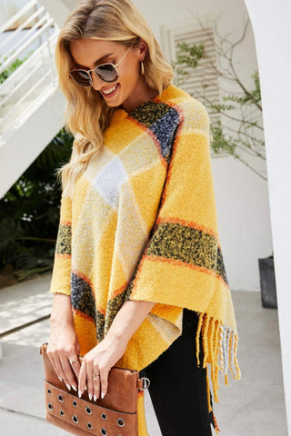 Shop Plaid Fringe Detail Poncho - High-Quality U.S. Made Women’s Fashion with Free & Fast Shipping