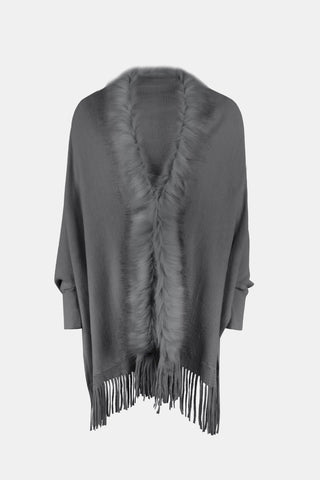 Shop Fringe Open Front Long Sleeve Poncho - High-Quality U.S. Made Women’s Fashion with Free Fast Shipping