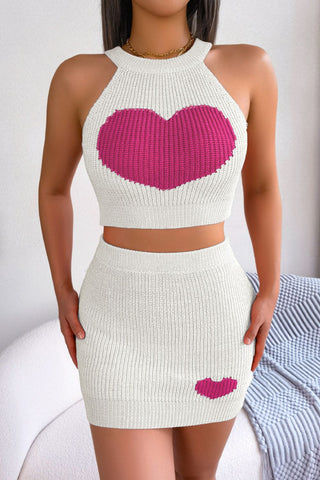 Shop Heart Contrast Ribbed Sleeveless Knit Top and Skirt Set - High-Quality U.S. Made Women’s Fashion with Free Fast Shipping