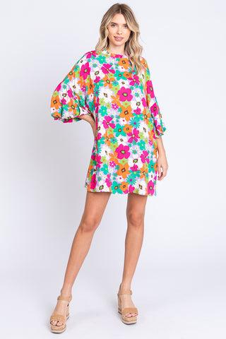 Shop GeeGee Full Size Floral Round Neck Lantern Sleeve Mini Dress - High-Quality U.S. Made Women’s Fashion with Free & Fast Shipping