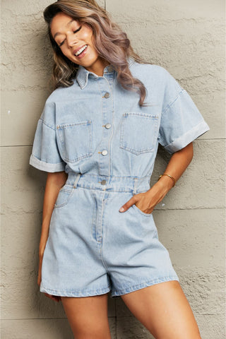 Shop Collared Neck Denim Romper with Pockets - High-Quality U.S. Made Women’s Fashion with Free Fast Shipping