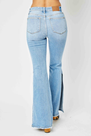 Shop Judy Blue Full Size Mid Rise Raw Hem Slit Flare Jeans - High-Quality U.S. Made Women’s Fashion with Free & Fast Shipping