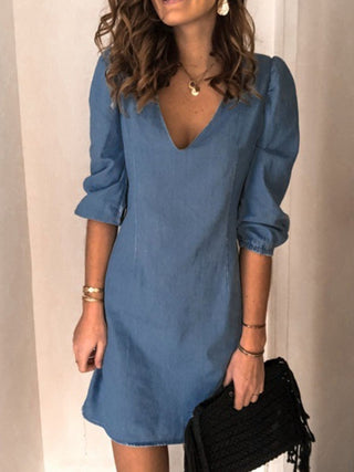 Shop Full Size V-Neck Half Sleeve Denim Dress Now On Klozey Store - Trendy U.S. Premium Women Apparel & Accessories And Be Up-To-Fashion!