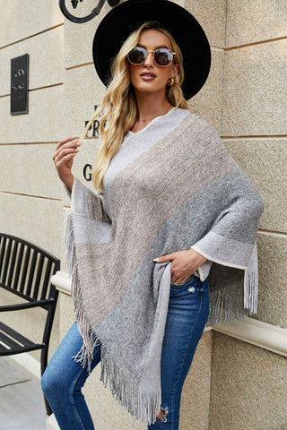 Shop Color Block Fringe Hem Poncho - High-Quality U.S. Made Women’s Fashion with Free & Fast Shipping