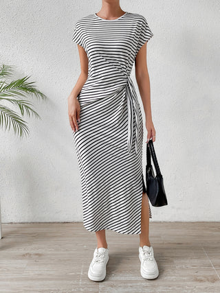 Shop Honey Tied Striped Round Neck Short Sleeve Tee Dress - High-Quality U.S. Made Women’s Fashion with Free Fast Shipping