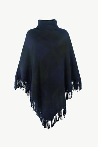 Shop Navy One Size Plaid Turtleneck Fringe Hem Poncho - High-Quality U.S. Made Women’s Fashion with Free & Fast Shipping