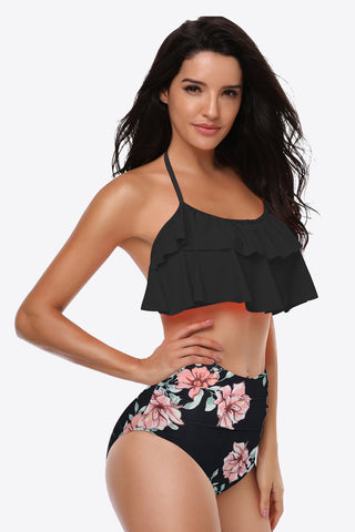 Shop Two-Tone Ruffled Halter Neck Two-Piece Swimsuit - High-Quality U.S. Made Women’s Fashion with Free & Fast Shipping