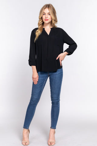 Shop ACTIVE BASIC Full Size Notched Long Sleeve Woven Top - High-Quality U.S. Made Women’s Fashion with Free & Fast Shipping