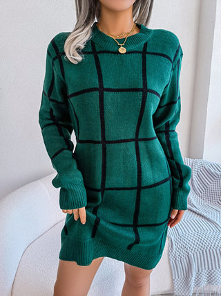 Shop Dark Green Plaid Round Neck Dropped Shoulder Sweater Dress - High-Quality U.S. Made Women’s Fashion with Free & Fast Shipping