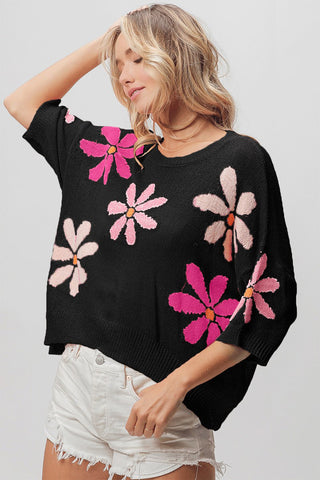 Shop Black Pink Fuchsia BiBi Floral Pattern Cropped Sweater - High-Quality U.S. Made Women’s Fashion with Free & Fast Shipping