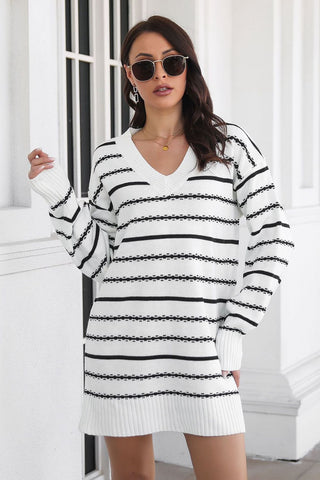 Shop Striped V-Neck Sweater Dress - High-Quality U.S. Made Women’s Fashion with Free & Fast Shipping