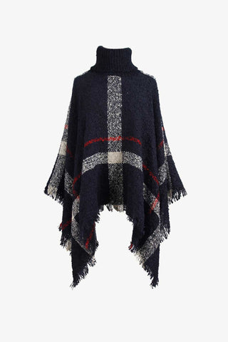 Shop Plaid Turtleneck Raw Hem Poncho - High-Quality U.S. Made Women’s Fashion with Free Fast Shipping