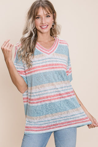 Shop BOMBOM V-Neck Striped Knit Top - High-Quality U.S. Made Women’s Fashion with Free & Fast Shipping