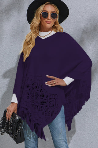 Shop Dark Blue Round Neck Fringe Detail Poncho - High-Quality U.S. Made Women’s Fashion with Free & Fast Shipping